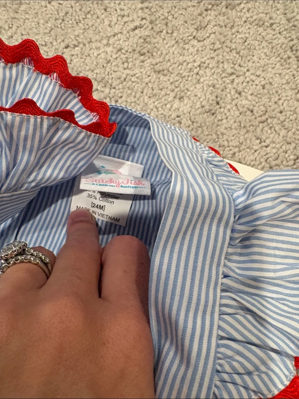 Blue Stripe Smocked Baby One-Piece with Red Trim